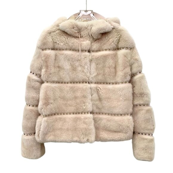 IW0890 Valentino Valentino Beige Studded Cow Leather Mink Fur Jacket Size 42 Sli - Picture 1 of 9